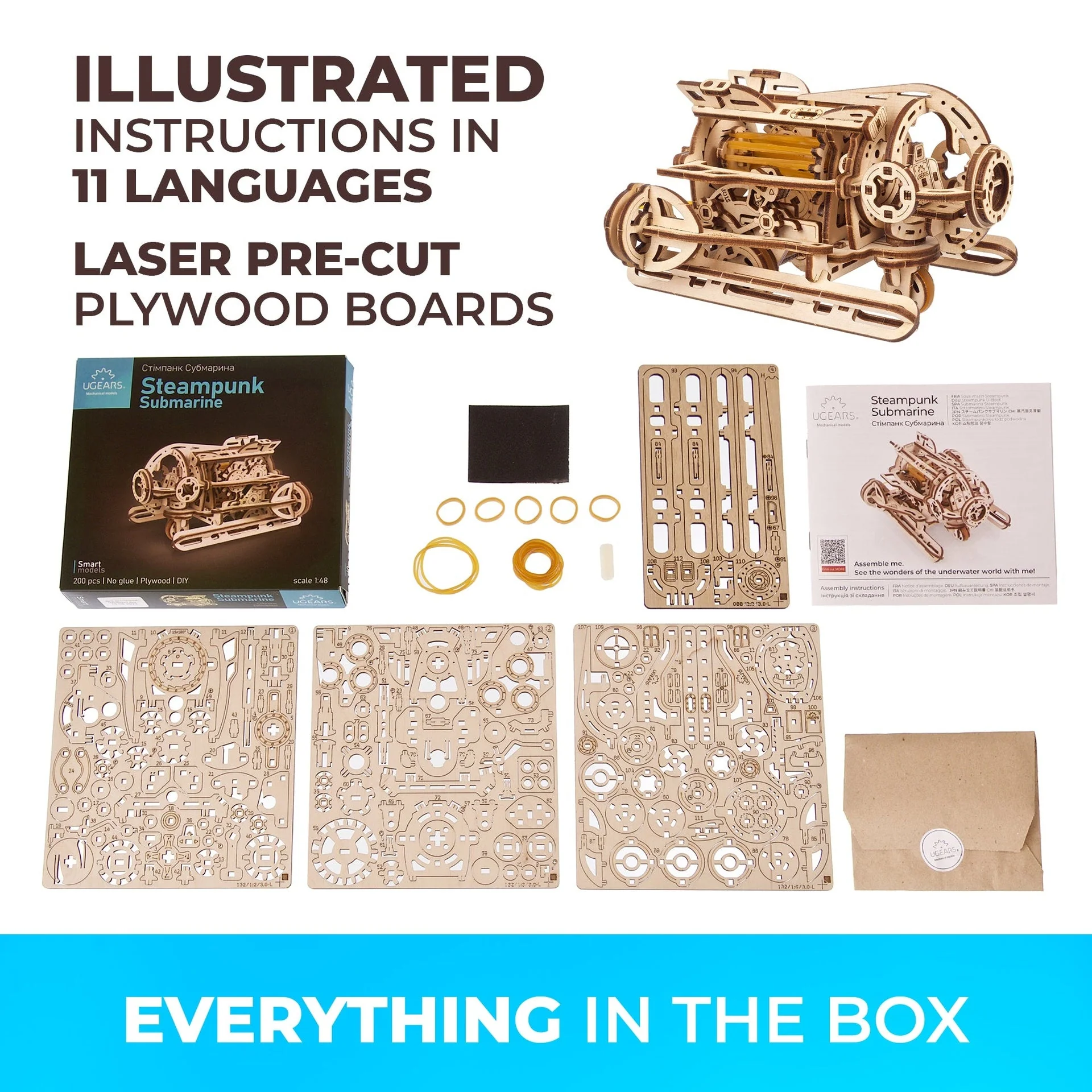 Sous-marin Steampunk - Puzzle 3D mécanique en bois – Image 2